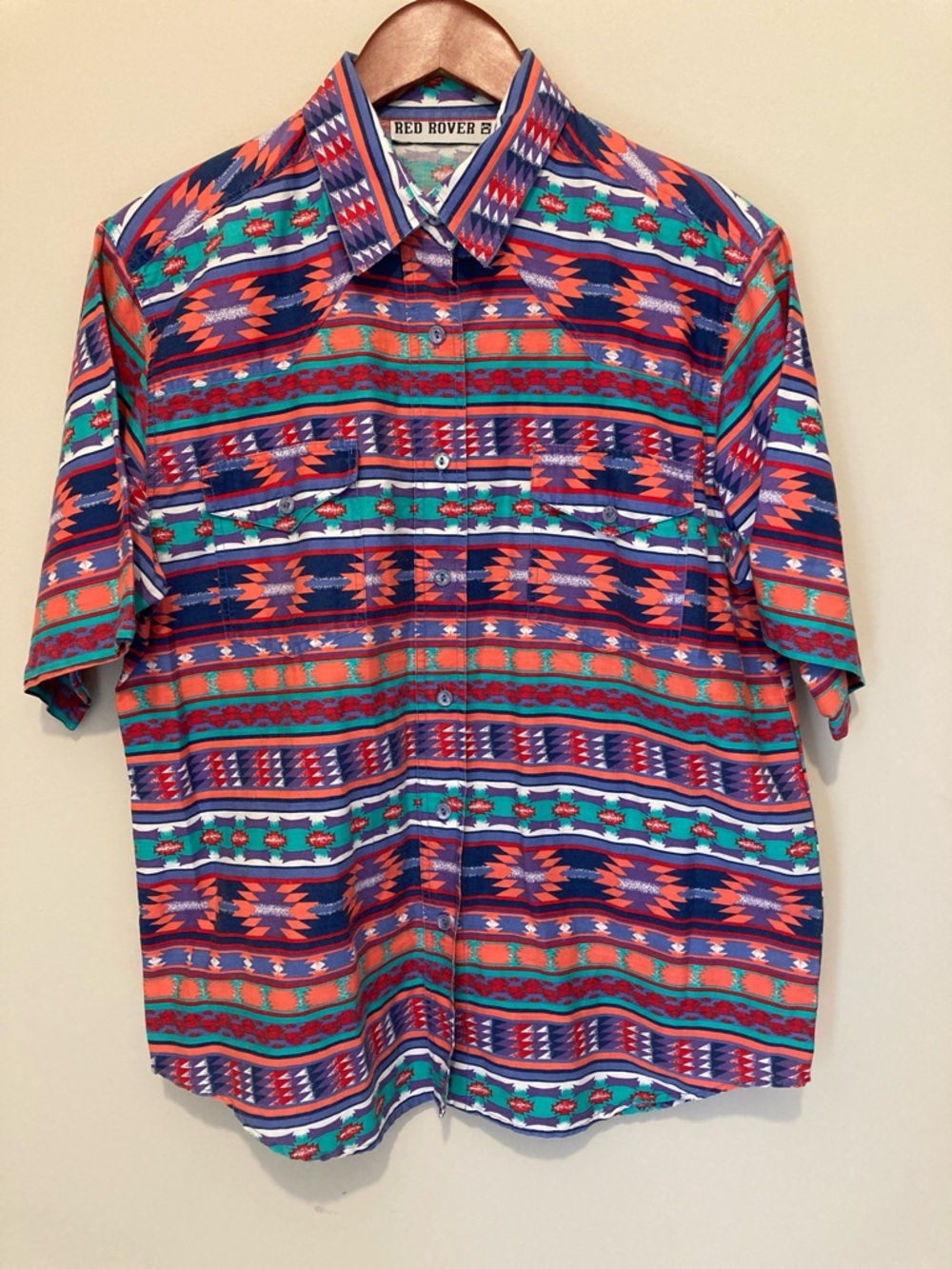 Vintage Red Rover Bright Aztec Short-Sleeve Shirt - Multicolor Sz L